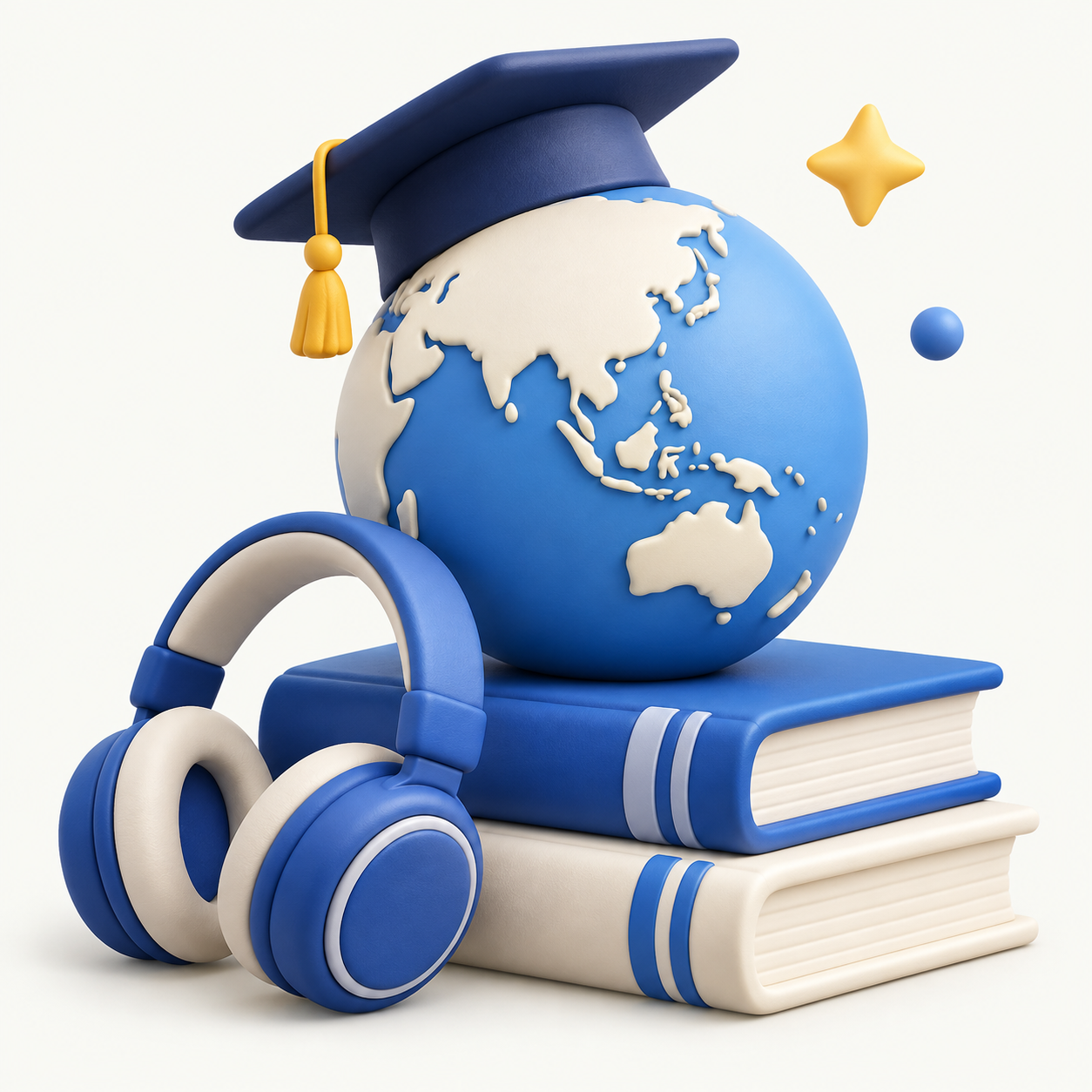 A graduation globe with books and headphones
